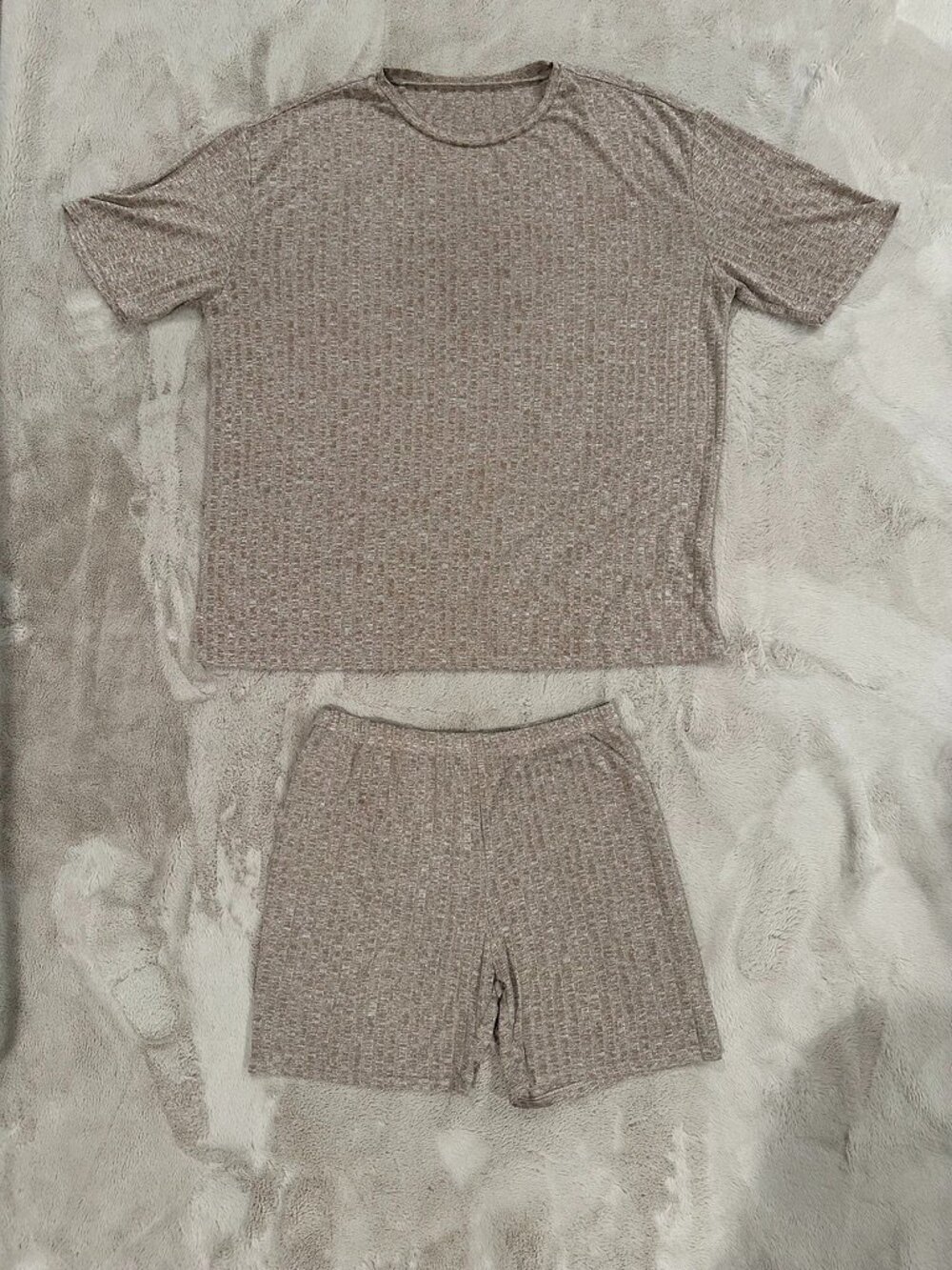 Wdirara Brown Ribbed Oversized T-Shirt & Biker Short Set, Size L